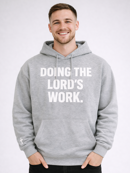 Christian gym hoodie Doing the Lord’s Work by Dominis with sleeve cross and Bible verse